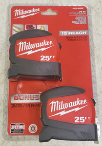 Milwaukee 48-22-0425G 25' x 1.2" Compact Wide Blade Tape Measure (2-Pack)