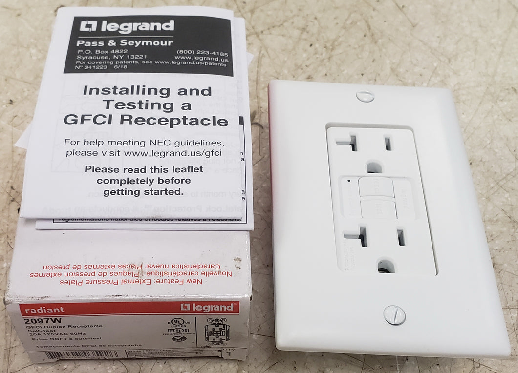 Legrand 2097W 20A Self Test GFCI Receptacle - White