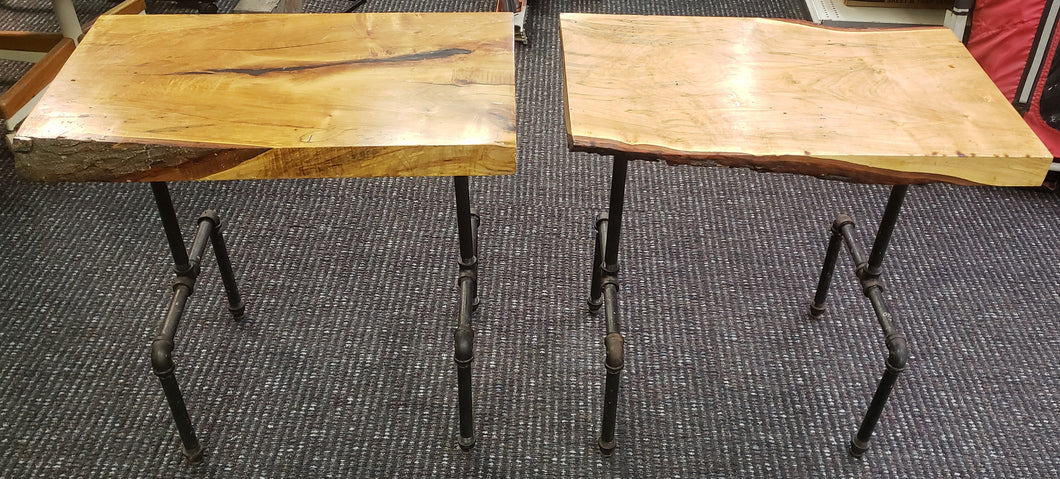 Set of 2 Cast Iron Pipe Leg Natural Wood Tables