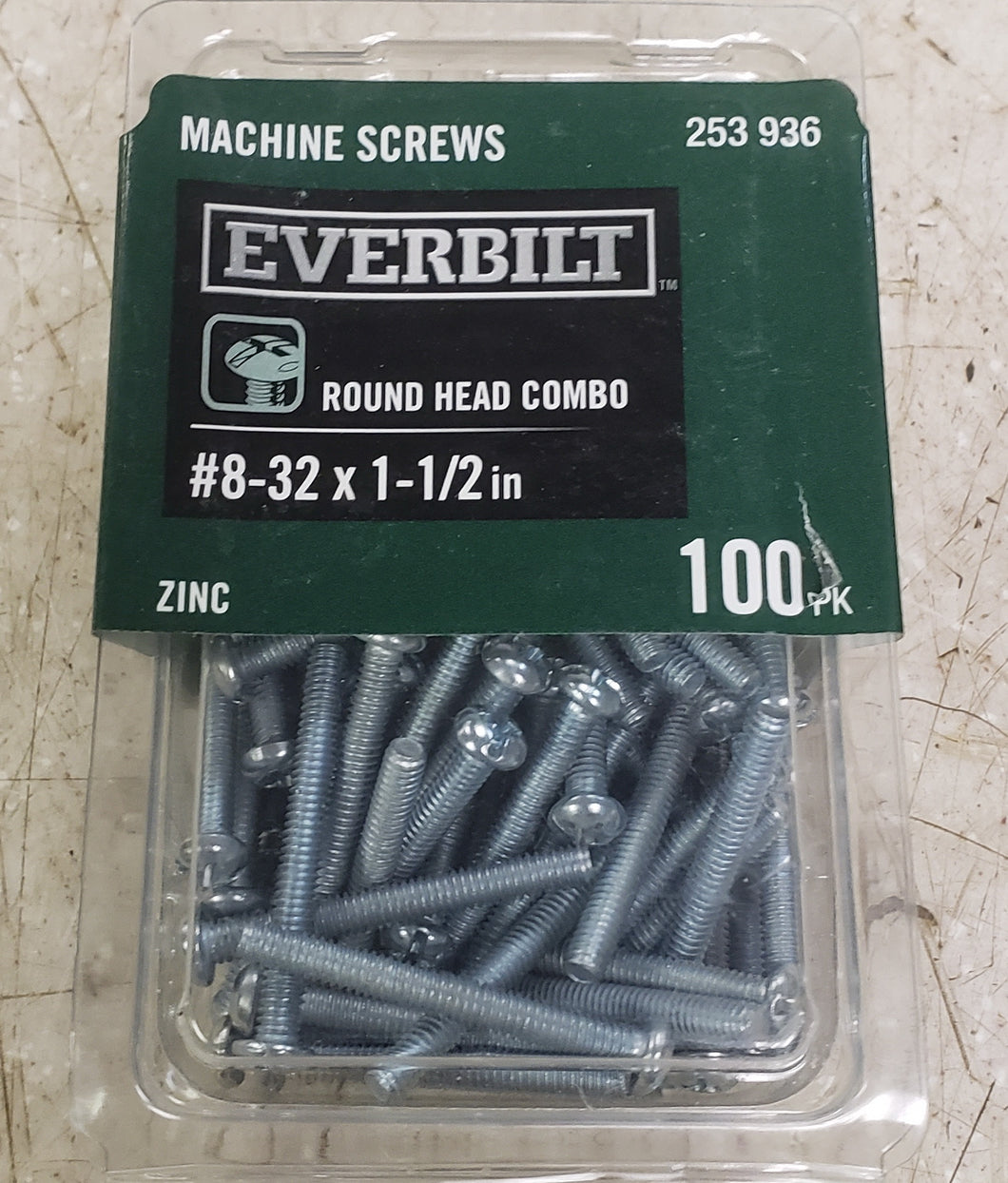 Everbilt 800752 #8-32 x 1-1/2 in. Combo Round Head Zinc Plated Machine Screw (100-Pack)