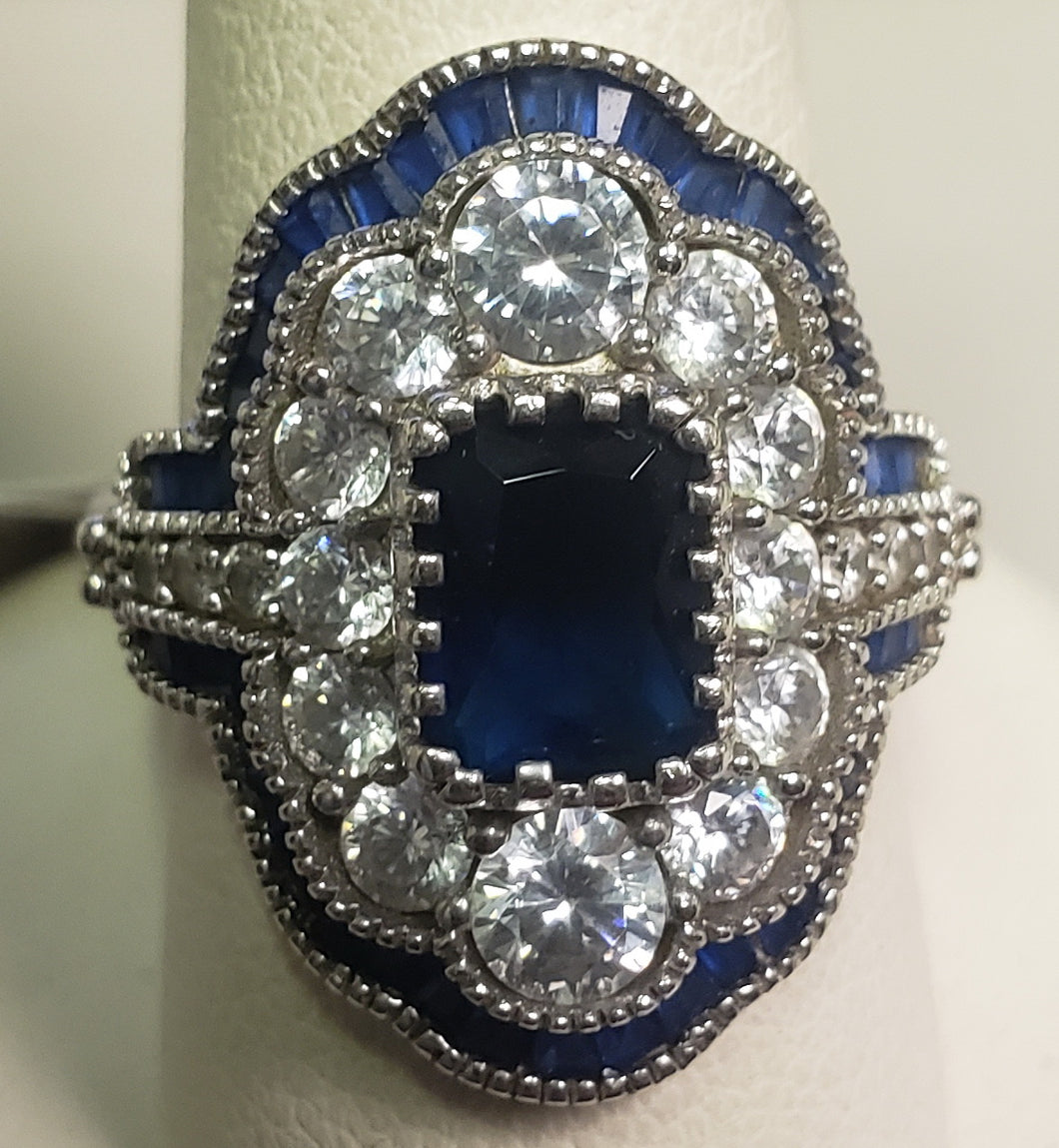 3.38 dwt .925 sterling silver ring with large aqua gem and cz - size 8.25