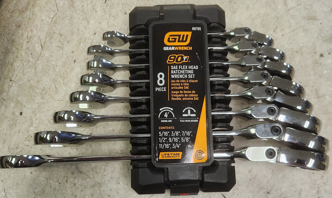 GearWrench 86795 8-Piece SAE 90-Tooth Flex Head Combination Ratcheting Wrench Tool Set with Tray