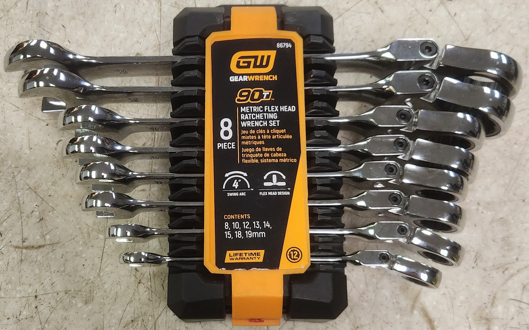 GearWrench 86794 8-Piece Metric 90-Tooth Flex Head Combination Ratcheting Wrench Tool Set with Tray