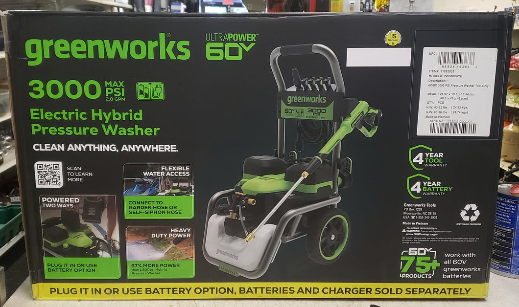 Greenworks PW3000HYB Hybrid 60V 3000 PSI at 2.0 GPM Electric Pressure Washer