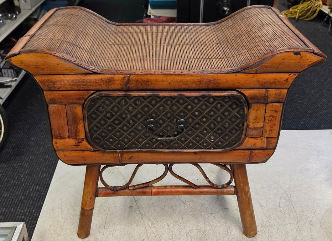 Vintage Bamboo 1-Drawer Chinese Style Mini Scroll Arm Bench (17-1/4