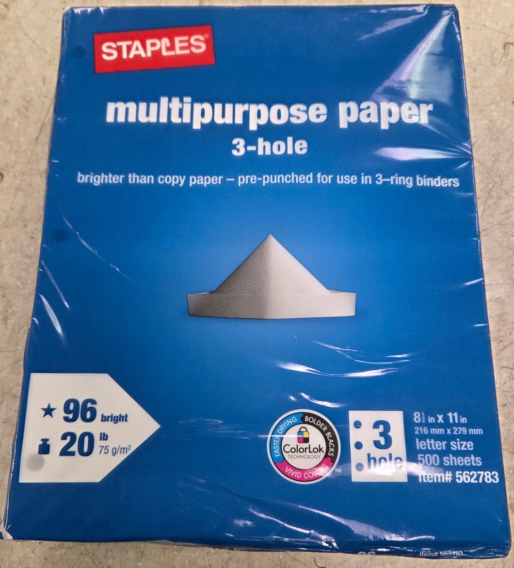 Staples 562783 8-1/2 x 11 3-Hole Punched Multipurpose Paper 20 lbs., 96 Brightness, 500/Ream