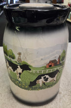 Load image into Gallery viewer, Vintage 14" x 9" Ceramic Butter Churn with Farm Cow Scene (multiple cracks, chips)