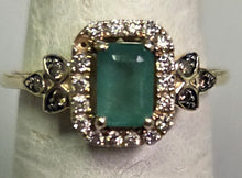 Load image into Gallery viewer, 1.71 dwt 14k gold ring with large rectangular green gem surrounded by tiny diamonds - size 5.25