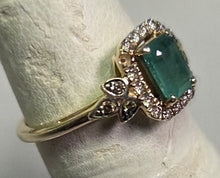 Load image into Gallery viewer, 1.71 dwt 14k gold ring with large rectangular green gem surrounded by tiny diamonds - size 5.25