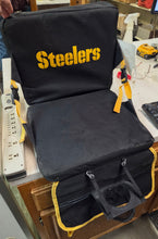 Load image into Gallery viewer, Vintage Pittsburgh Steelers Folding Stadium Seat with Built-in Back Rest and Front-Hanging Mesh Cup Holder