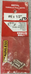 Crown Bolt 34441 #6 x 1/2" Pan Head Phillips Stainless Steel Metal Screw QTY 8