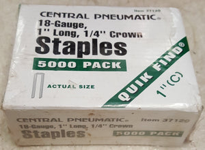 Central Pneumatic 37120 18-Gauge 1" Long 1/4" Crown Staples - 5,000 Pack