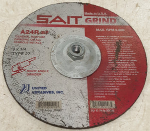 United Abrasives SAIT 20096 Depressed Center 9" x 1/4" x 5/8"-11 A24R Type 27 Grinding Wheel
