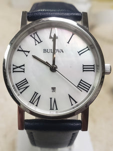 Bulova 96M146 American Clipper White Mother-of-Pearl Dial Watch with Blue Strap