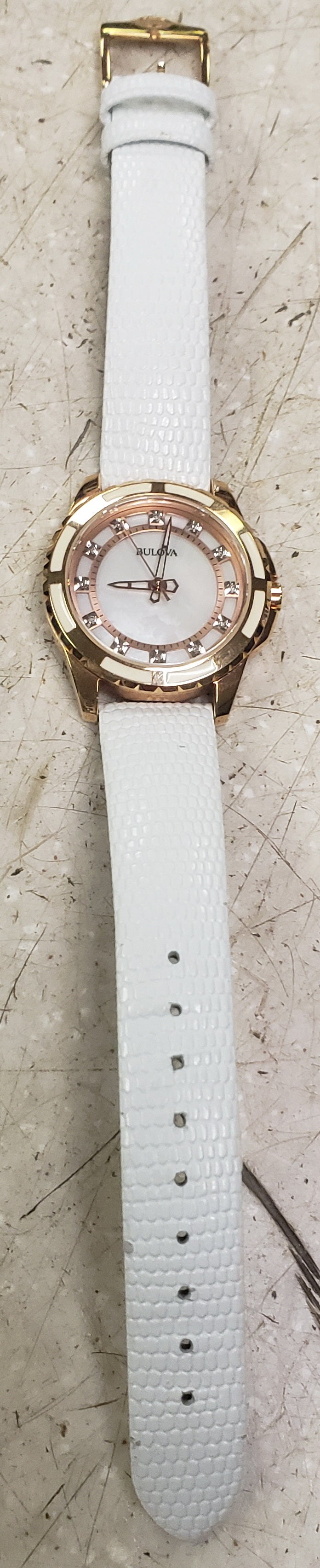 Bulova 98P119 Classic Women's Rose Gold Mother-of-Pearl Dial Watch Diamond Watch with White Leather Band