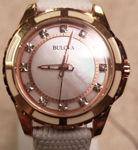 Load image into Gallery viewer, Bulova 98P119 Classic Women&#39;s Rose Gold Mother-of-Pearl Dial Watch Diamond Watch with White Leather Band