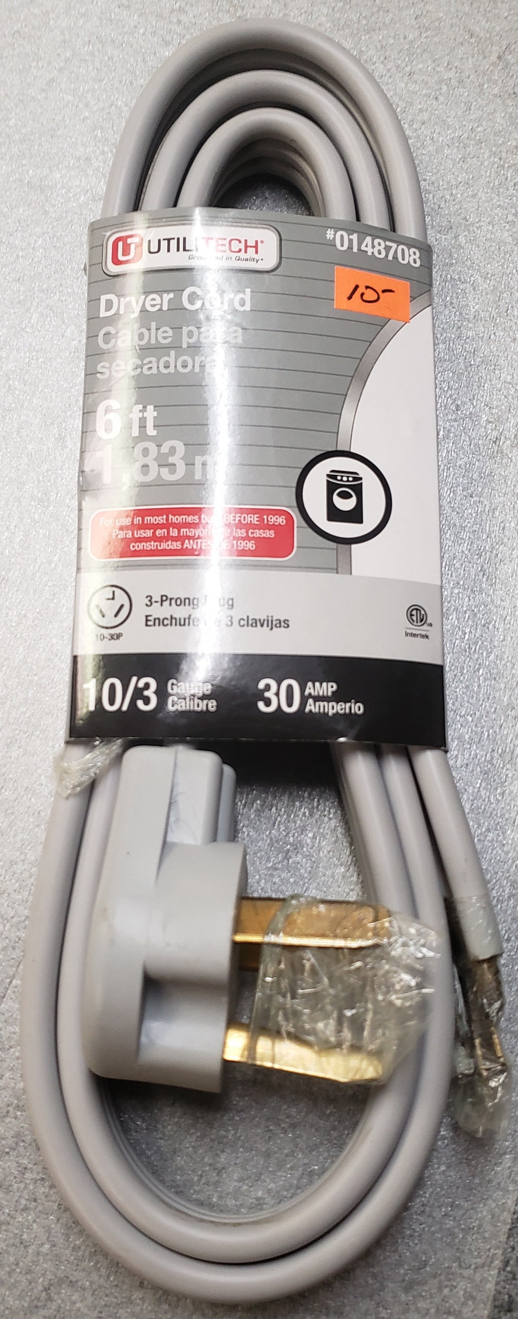 Utilitech 0148708 6' 10 AWG Gray Plastic Power Cord