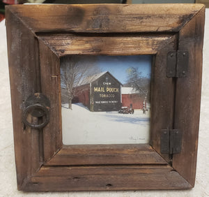 Vintage Nancy Womack 6-1/4" x 6-1/4" Chew Mail Pouch Tobacco Barn Wood Framed Print