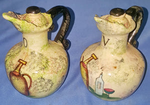 Vintage 4-1/2" H Ceramic Oil & Vinegar Cruet Set with Lids (Labeled 7555)